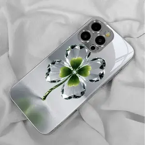 Simple and stylish crystal four-leaf clover new electroplated silver phone case for iPhone 16ProMax, 16Plus, 16Pro/16/15ProMax, 15Plus, 15Pro/15/14ProMax, 14Plus, 14Pro/14/13ProMax, 13Pro/13/13Mini/12/12Pro, 12ProMax, 12mini/11/11Pro with tempered glass a
