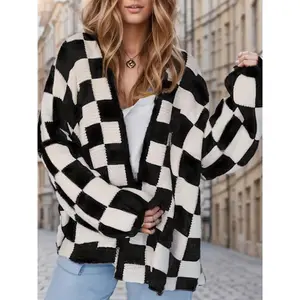 Women's Checkerboard Print Bishop Sleeve Open Front Cardigan, Fashion Casual Long Sleeve Knitwear for All Seasons, Women's Knit Clothing for Daily Wear Womenswear Tops cardigan