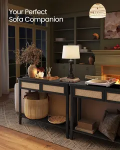 Console Sofa Table, Narrow Entryway Table, 2 Drawers, Open Storage Shelf, Rounded Corners, for Living Room, Boho Style, Ash Black