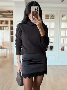 Black Lace Satin Skort Women's Skirt Summer 2026 Vintage Y2K Comfort Mini High Waist Culottes Fashion Commutes & Office Style Skirt Pants