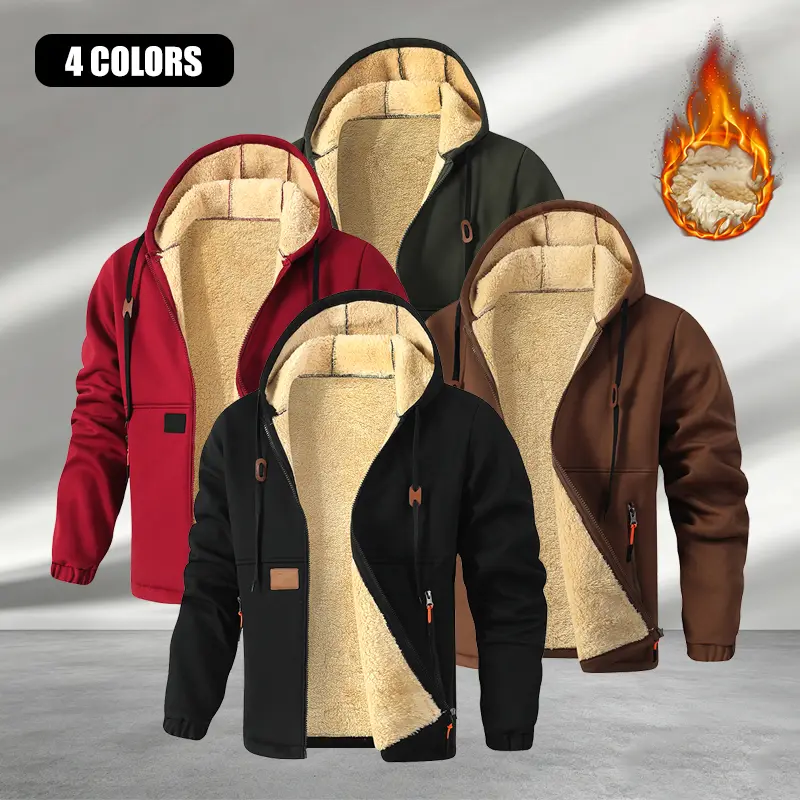 Winter fashion fleece-lined warm solid color hooded sweatshirt — men’s fleece-lined hoodie for winter warmth; soft pullover with large pockets; comfortable casual wear for home and outdoor activities; regular fit; easy care; ideal choice for autumn/winter