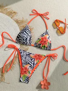 LUSHLACE Bikini Set Colorful Zebra Floral Print 2PC for Beach Vacation