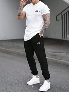 2Pcs Men's Minimalist Mountain Print Tracksuit, Men's Street Style Casual Outfit, Loose Short Sleeved Top And Drawstring Pants, Men's Pants, Sports Pants Set, Suitable For Daily Wear, Men's Summer Outfits