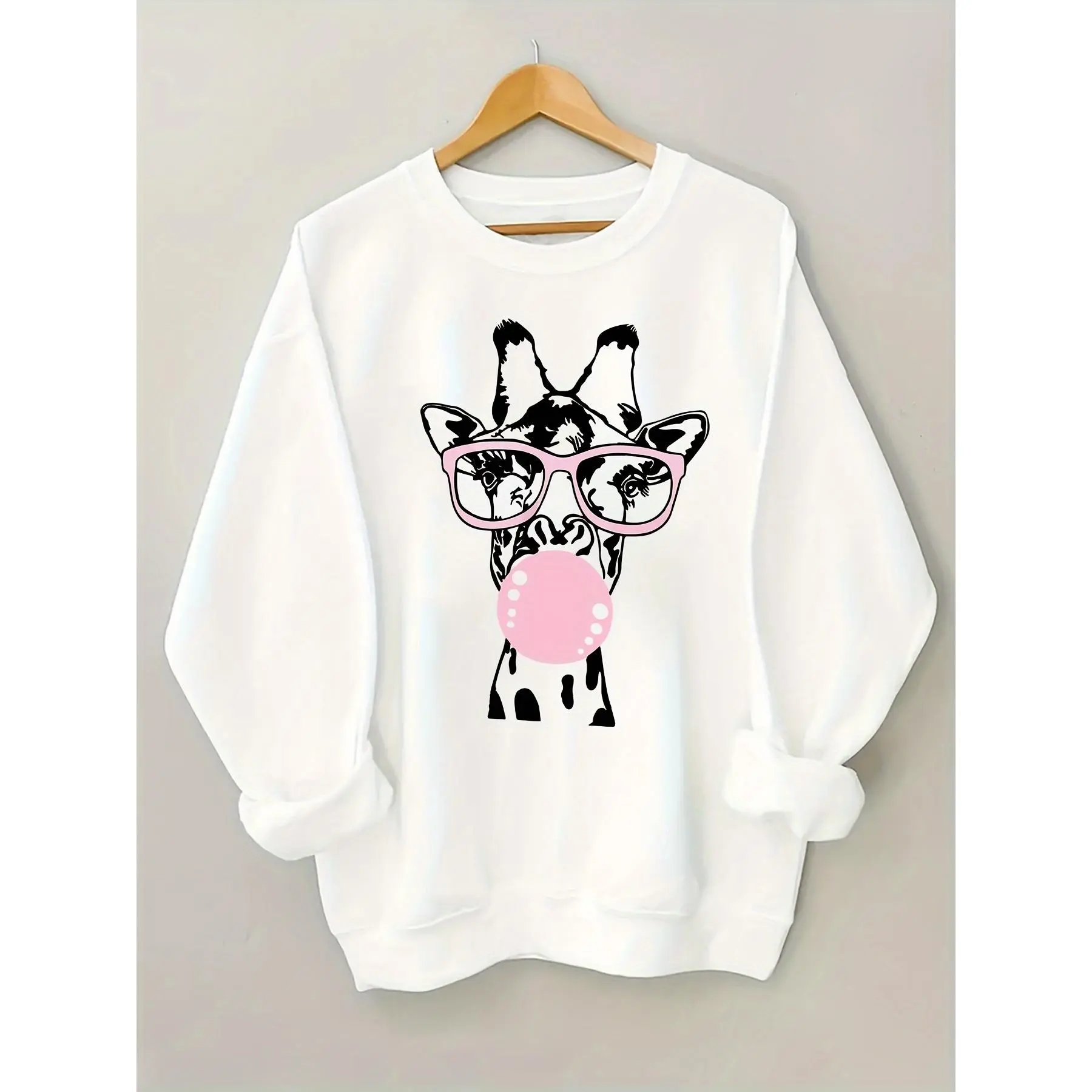 Giraffe Graphic Print Sweatshirt for Women, Soft Oversized Crew Neck Pullover Tops, Long Sleeve Fall Knit with Ribbed Cuffs, Women's Clothes, Machine Washable, Fabric, Oversized Pullo, Knitwear, Polyester, Casual, Round Neck, Longsleeves, Animal Print, Ba