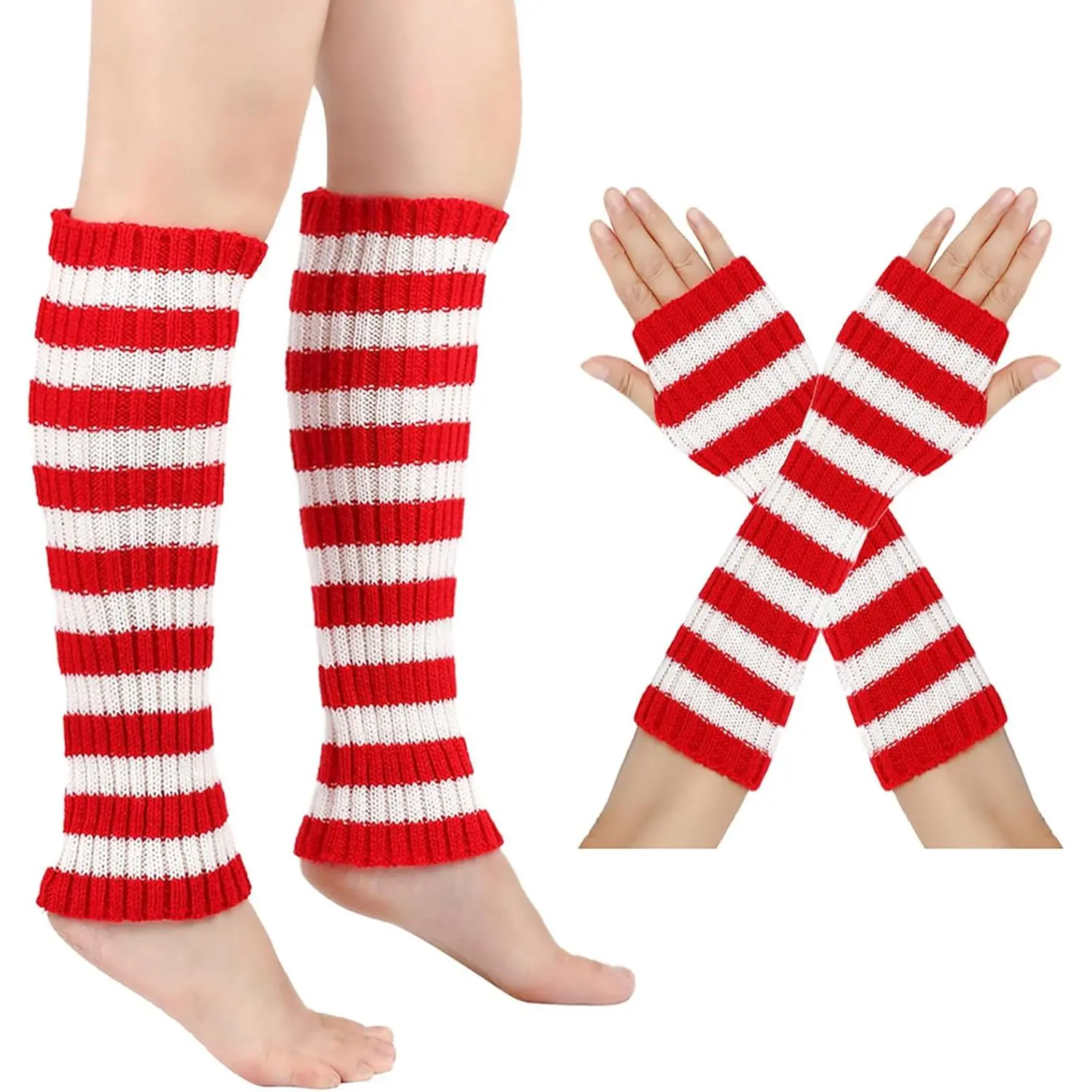 Women's 80s Acrylic Ribbed Knit Leg Warmers & Matching Fingerless Gloves Set - Breathable, Stretchy, 1 Size Fits Girlfriend's Dance/Yoga, Party Costume (Sports & Outdoor Accessories), Gloves Accessory Set, Includes Gloves