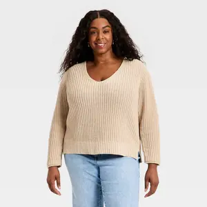 Women's Wide V-Neck Pullover Sweater - Universal Thread Oatmeal 2X