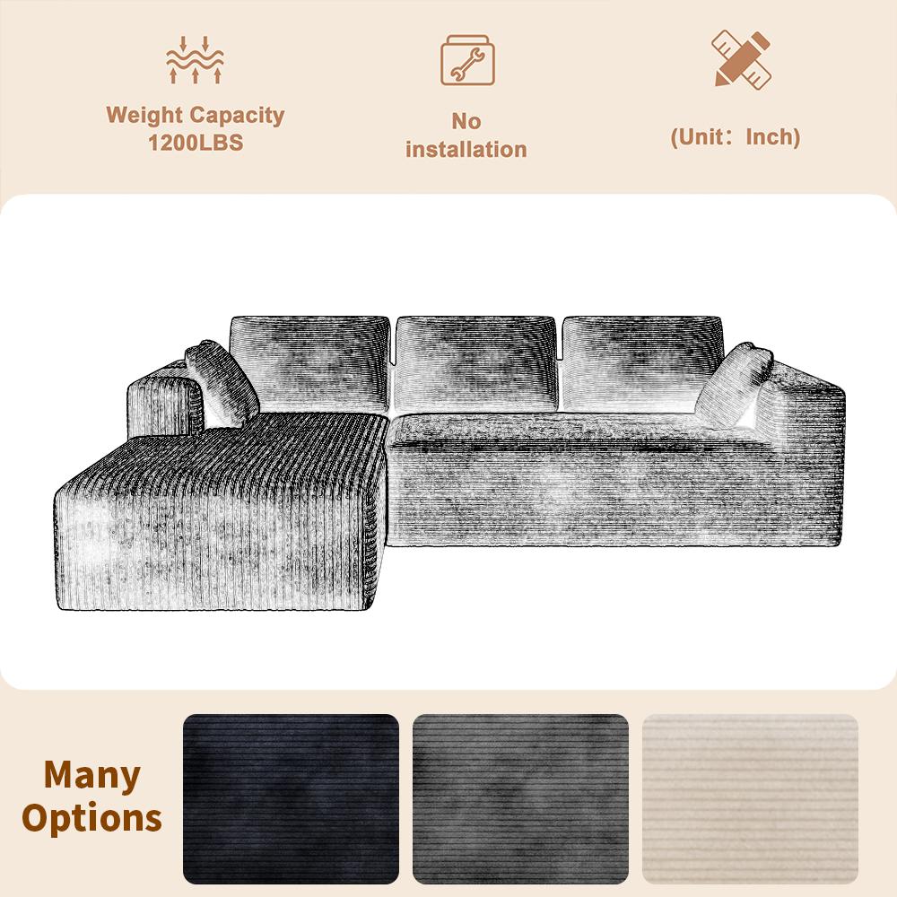 DIGWAC 106" L-Shape Modular Sectional Couch with 49" Chaise Lounge, Upgraded Independent Pocket Spring Base, Soft Corduroy Sofas Upholstery, Memory Foam Padding, Multi-Position Recliner, 6 Colors for Living Room Furniture, L Shape Couch, Couch For Living
