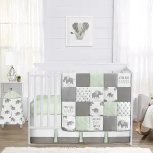 Sweet Jojo Designs 4-Piece Baby Crib Bedding Set (Safari Elephants) for Boys or Girls, Infants/Nursery incl. Blanket, Fitted Sheet, Skirt, Diaper Stacker (Jungle, Elephant, Geometric, Green, Grey)