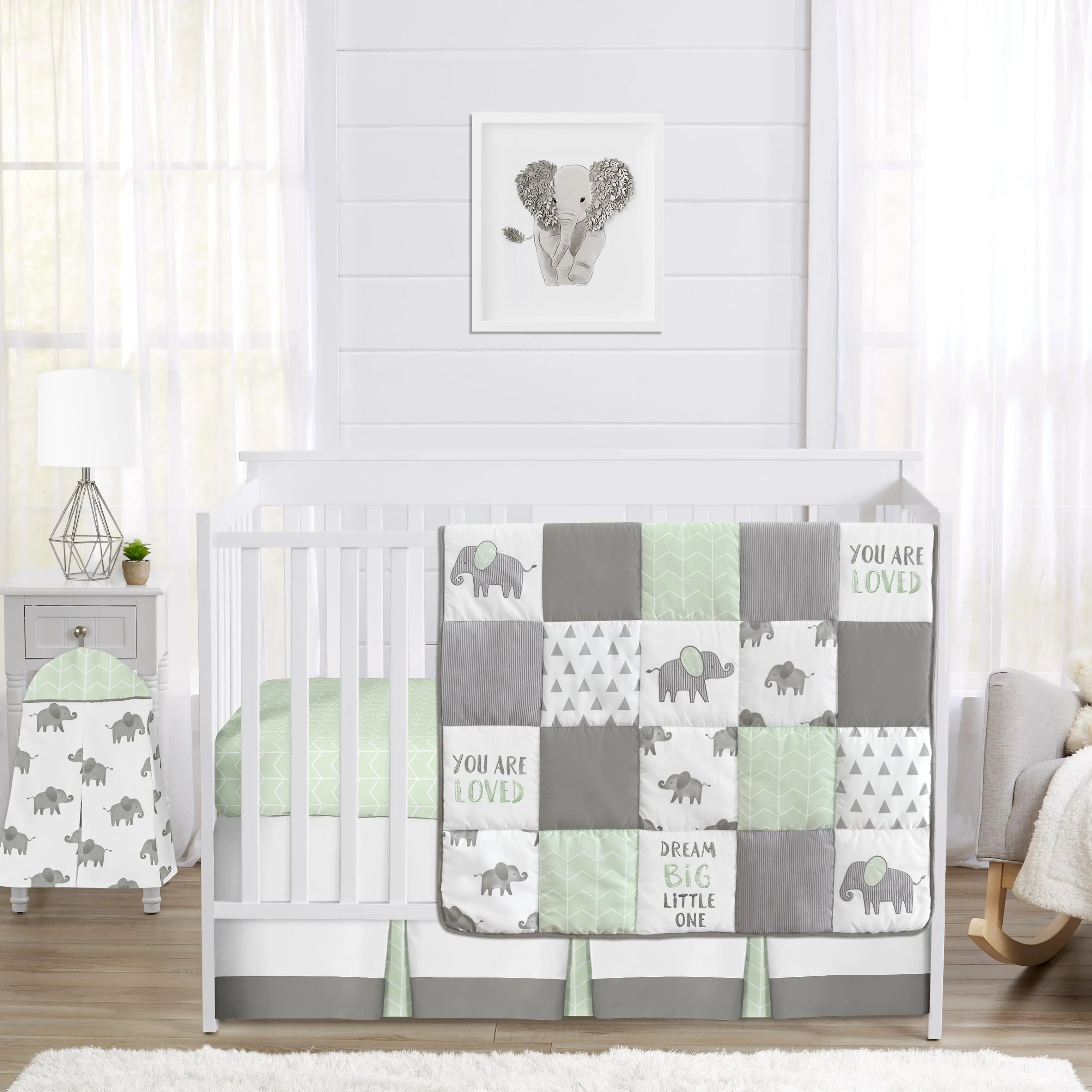 Sweet Jojo Designs 4-Piece Baby Crib Bedding Set (Safari Elephants) for Boys or Girls, Infants/Nursery incl. Blanket, Fitted Sheet, Skirt, Diaper Stacker (Jungle, Elephant, Geometric, Green, Grey)