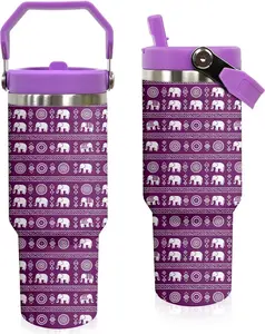30 oz Tumbler with Handle Flip Straw Leak Proof - Boho Elephant Mug 30oz Tumbler Travel Coffee Mug with Handle - Birthday Gifts for Women Boho Elephant Lovers 30 Ounce Stainless Steel Cup