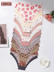 Women's All Over Print Scallop Trim Panty, Soft Comfy Breathable Seamless Knicker for Daily Wear, Ladies Underwear for All Seasons, Casual Soft Panties