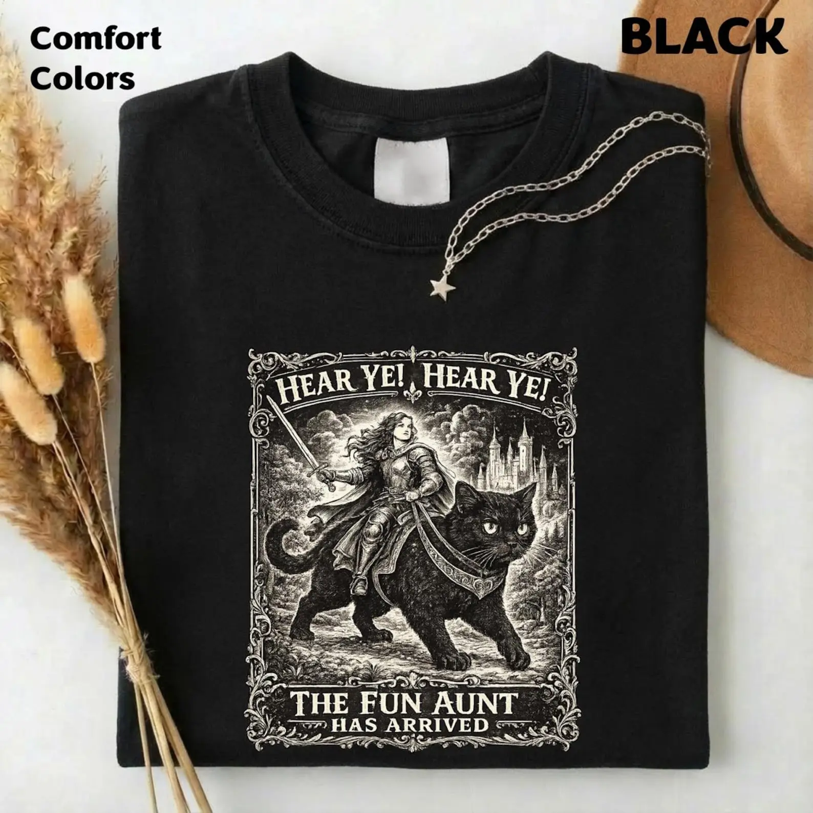 Comfort Colors Fun Aunt Knight Riding Black Cat T-Shirt, Hear Ye Fun Aunt Has Arrived Sweatshirt, Funny Auntie Cat Meme T-Shirt