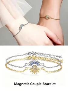 Sun & Moon Magnetic Couple Bracelet Set, Cubic Zirconia Inlaid, Hypoallergenic, Adjustable Chain, Romantic Promise Jewelry, Ideal Gift for Boyfriend, Girlfriend, Anniversary, Valentine's Day. Ideal for giving to her, couple bracelets, friendship matching