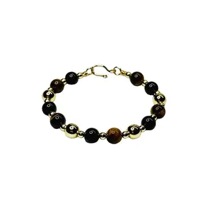 Tawny Tigers Eye 14K Gold Bracelet with Black Tourmaline, Size 6.5"