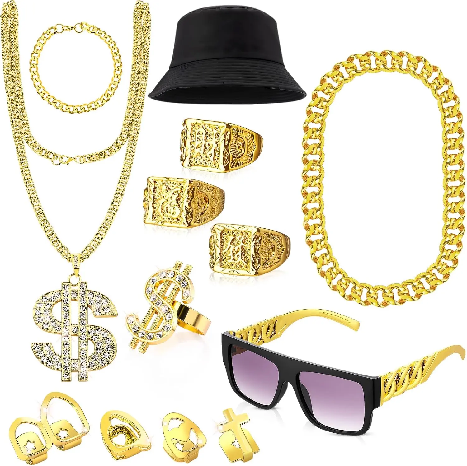 13 Pcs Halloween Hip Hop Accessories Set with Chunky Chain Necklace, Statement Pendant, Rings, Sunglasses, Bucket Hat, Fake Grillz for Rapper Costume, 90s Theme Party, Halloween Aesthetic Dress Up