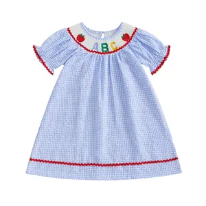 FOCUSNORM Kids Girls My First Day of School Dresses Short Puff Sleeve Smocked Summer Dress Back to School Outfit Baby Kindergarten Clothes