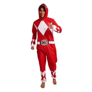 Power Rangers Red Ranger Adult Long Sleeve Hooded Cosplay Onesie Costume Union Suit-Medium