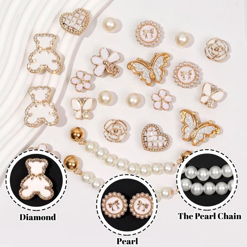 22 Pcs Bling Shoe Charms Chain Accessories for Women Pearl Flower Butterfly Clog Shoe Decoration Charms Rhinestone Shoes Charms Bling Cute Decor for Party Birthday Footwear Bedroom