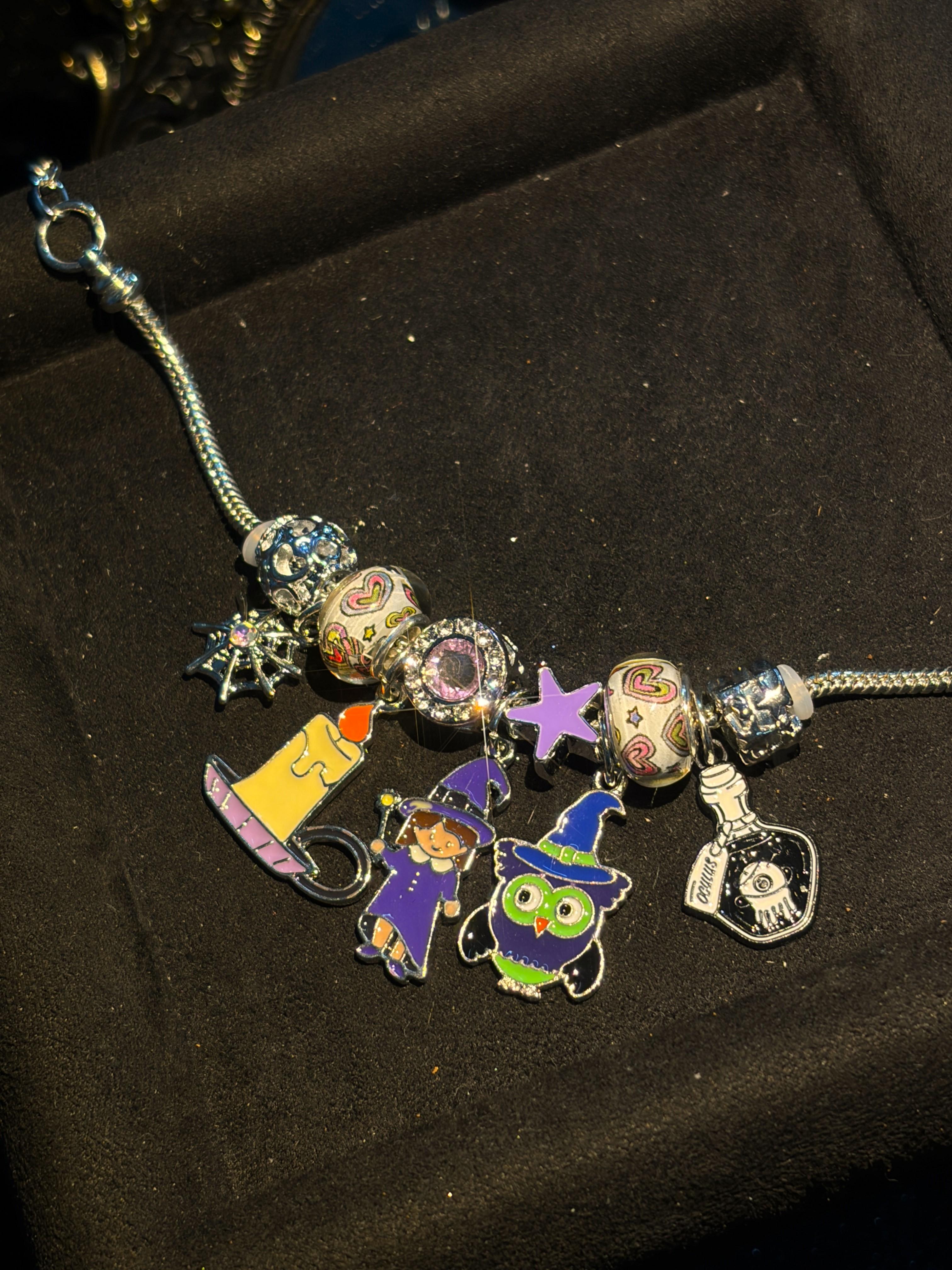 Silver Tone Halloween Magic Theme Charm Bracelet, Adjustable Snake Chain With Witch Owl Candle Crystal Ball Dangle Charms, Color Printed Glass Beads Rhinestone Spacer Beads, Stackable Cute Festival Jewelry, Party Cosplay Accessory for Women Teen Girls