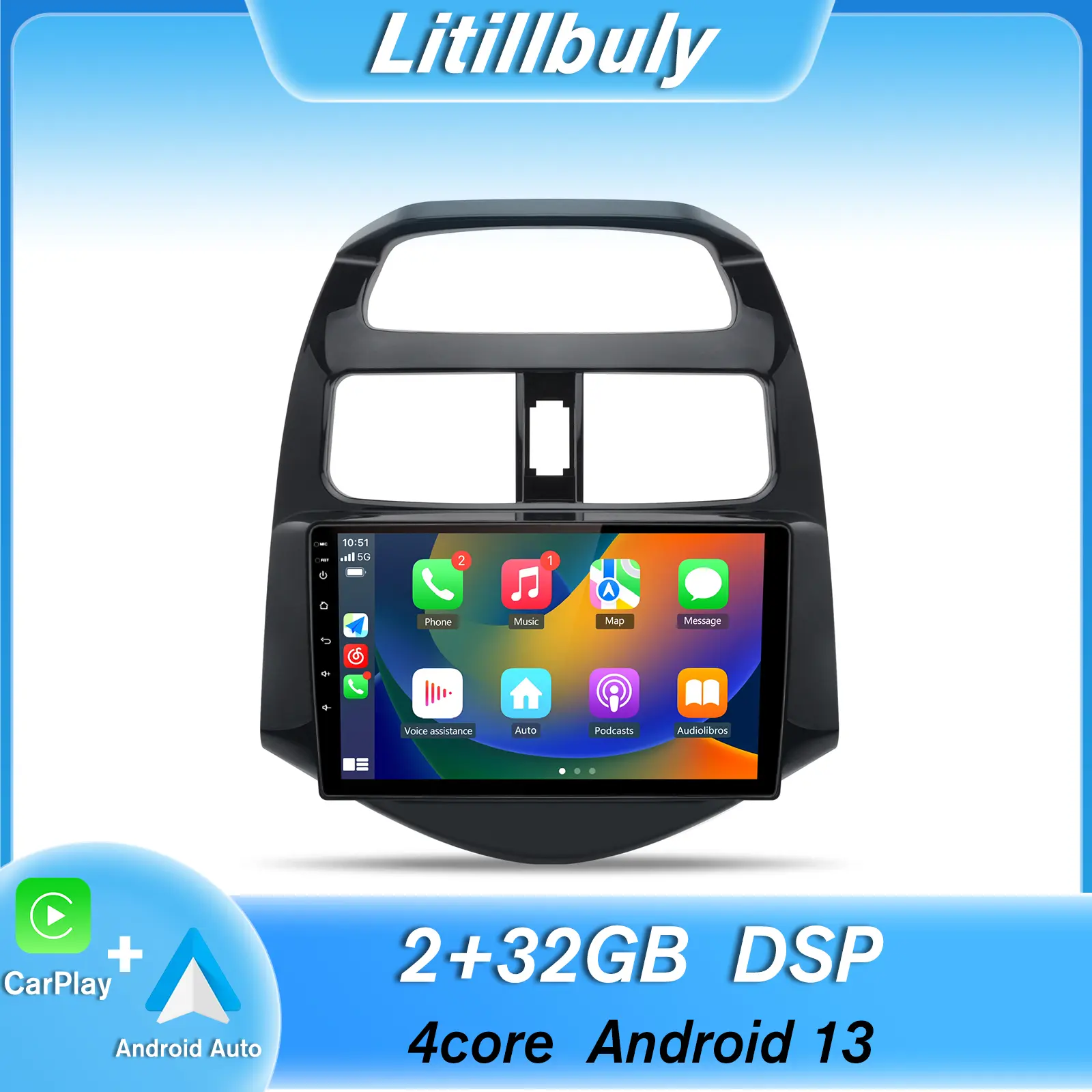 Car Stereo for Chevy Spark 2013 2014 2015 touch screen has Android Auto Wireless Carplay, Bluetooth WIFI supports GPS Navigation