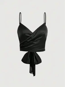 Fashion elegant new holiday style Women's cropped fitted sleeveless short camisole top with delicate back tie, Wrap design, perfect for loungewear, work, casual outings, travel, parties, gatherings and all occasions