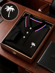 Men's Palm Tree Silhouette Graphic Polo Shirt, Loose-Fit Short Sleeve, Breathable Fabric, Spring Summer Fashion, Ideal for Outdoor Activities