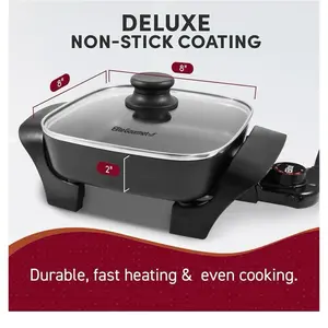 Elite Gourmet EG808 8” x 8” Non-Stick Electric Skillet, 600W, Dishwasher Safe, Tempered Glass Vented Lid, Thick Cast Aluminum Body, Black