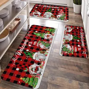 2/3pcs Christmas Kitchen Carpet Floor Mat, Retro Buffalo Grid Santa Claus Christmas Tree Welcome Pattern Non slip Floor Mat, Suitable for holiday kitchens, entrance doors, laundry rooms, bathrooms, living rooms, rooms Christmas decoration floor mats