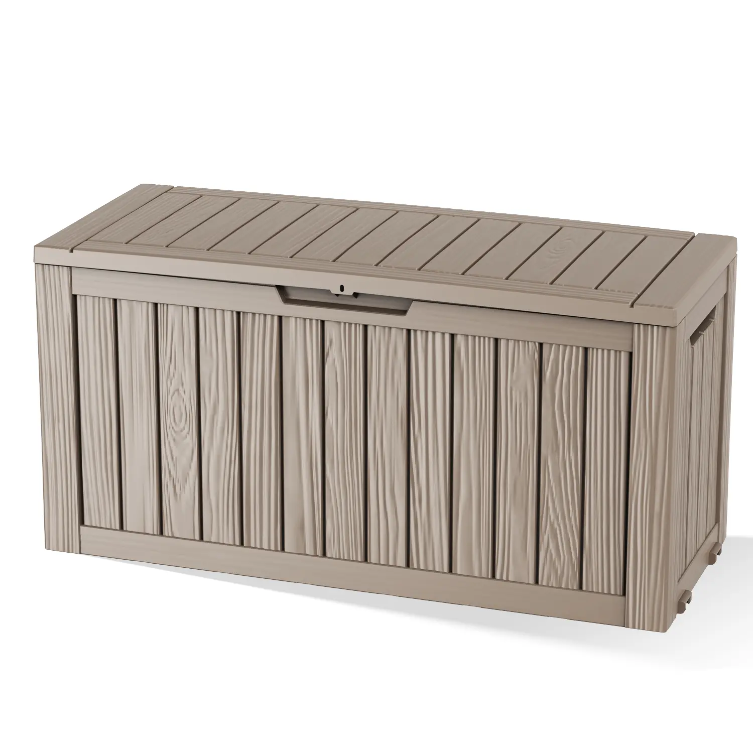 75gal Wood Grain Resin Rectangular Deck Box - Lockable, Water Resistant, Tool-Free Indoor-Outdoor Side Table + Storage Stool with All-Weather UV Fade Protection, Side Handles, Garden Patio Porch Modern Home Decor