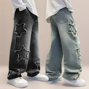 SHUJUAN Mid-large Children's Five-pointed Star Jeans, Embroidered Patch Design-sensing Straight Loose Pants, Personality Big Fashionable And Cool Universal Casual Pants For Boys Girls