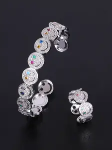 Luxury Copper Zircon 18k Gold-Color Bangle & Ring Set, Adjustable Smiley Design, Perfect for Mothers' Day Gifts, Couples' Accessories