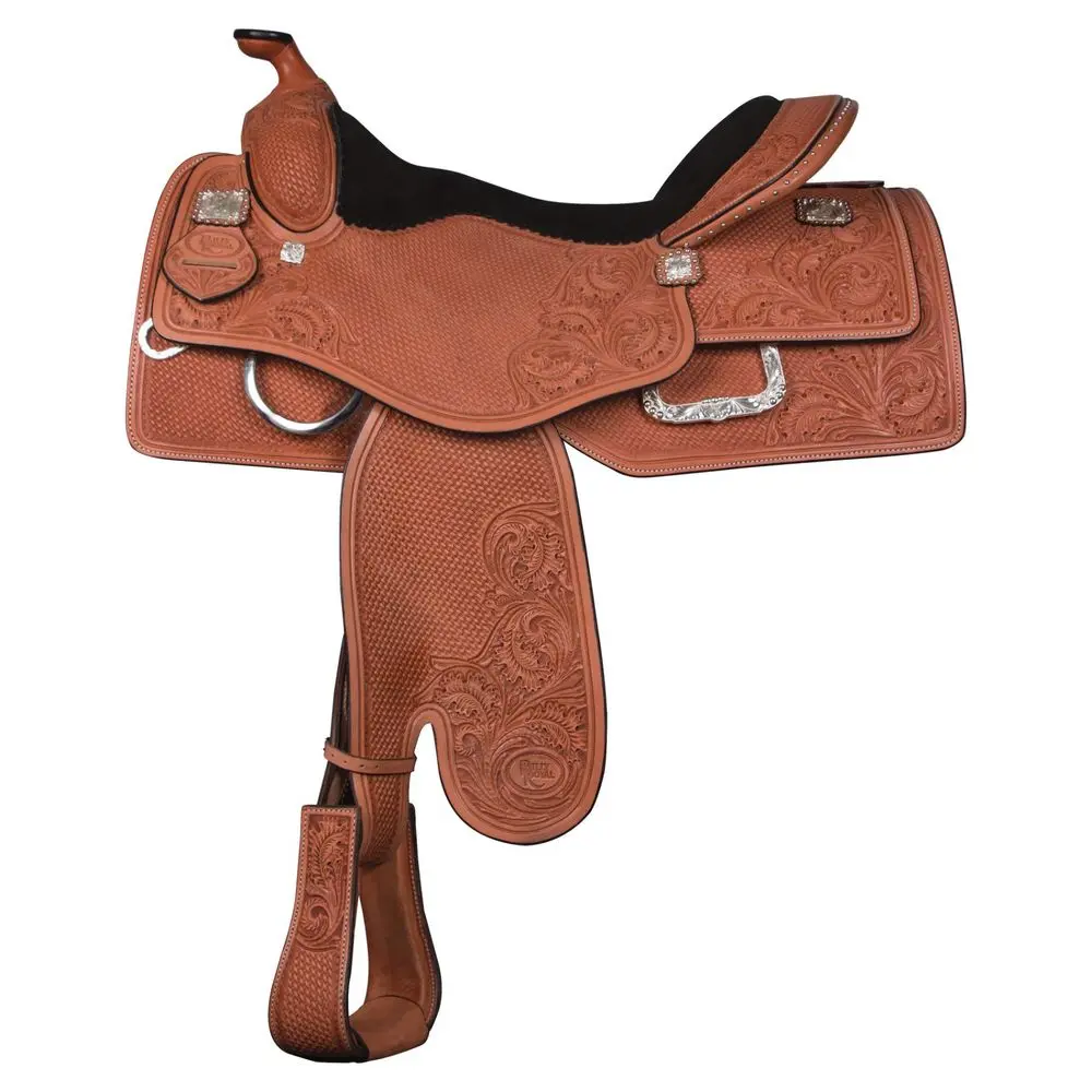 Western Reiner Saddle in Hand-Tooled Leather with Basketweave Pattern, Padded Suede Seat, Flex Fenders & Sterling Silver Plated Conchos, Equestrian Supplies