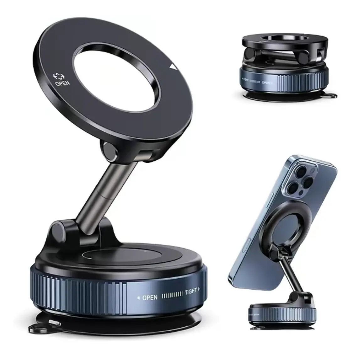 Magnetic Car Phone Holder - Folding Vacuum Type Mount with 20 N52 Magnets, Strong Grip, Heat-Resistant Nano-Adhesive Base, Adjustable Support for MagSafe & All Smartphones, Folding Mount
