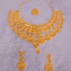 Elegant Gold-Tone Filigree Necklace Set with Matching Earrings and Ring for Women