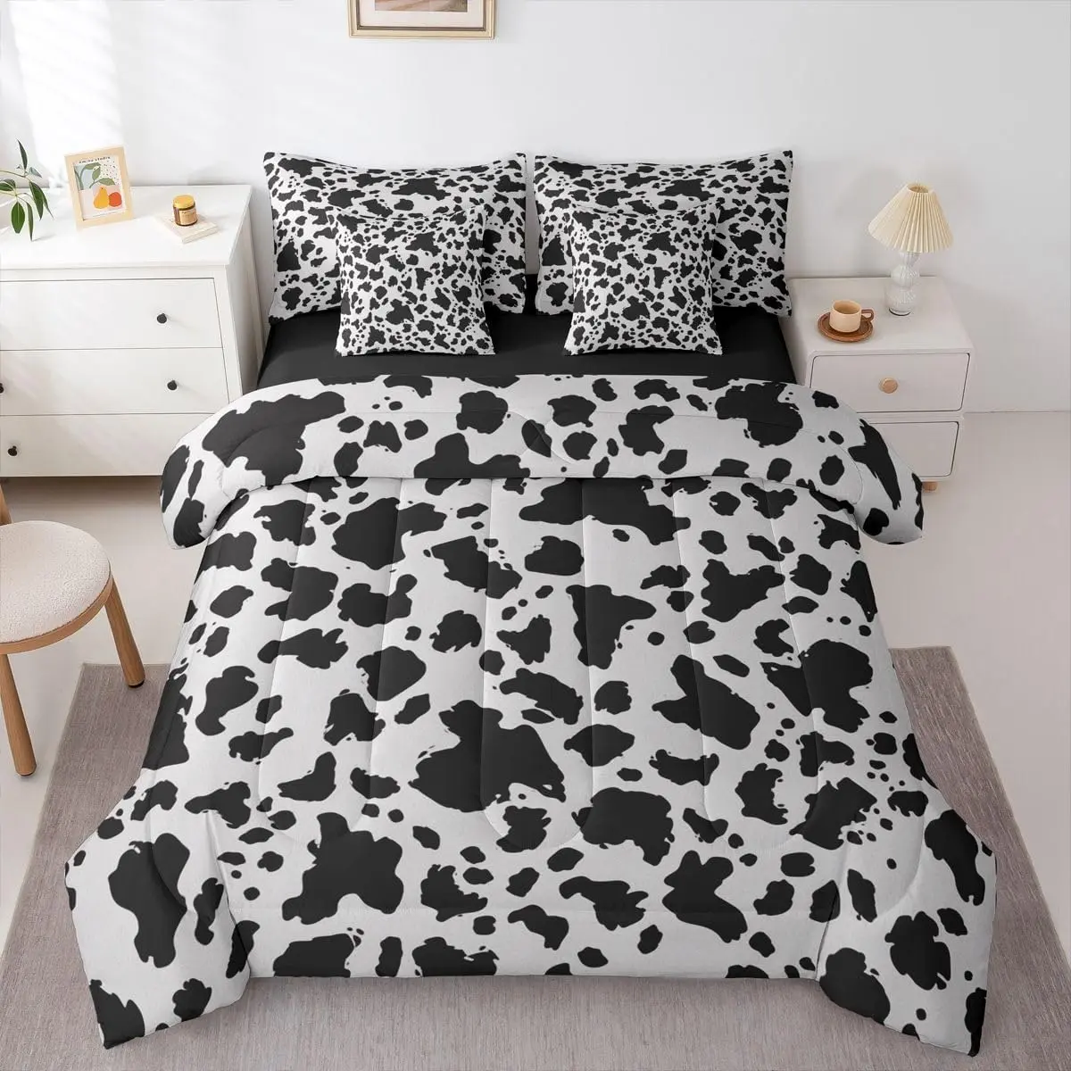 Cow Print Comforter Set 7 Pieces Black Gray Bedding Set Cartoon Milk Cow Bed in a Bag with Comforter,Sheets,Pillowcases,Cushion Covers Leopard Bedroom Decor