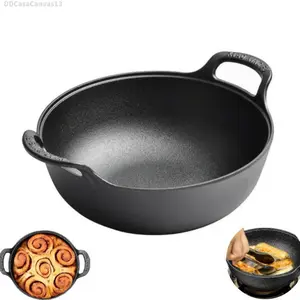 1 pc Yuanbaoguo,Cast iron wok with handle, cast iron cooking surface keeps heat and locks moisture and flavor.Can be used for a variety of heat sources, enjoy cooking all kinds of meals, from roasted veFull LED Bed Frame with Storage Headboard & 2 Drawers