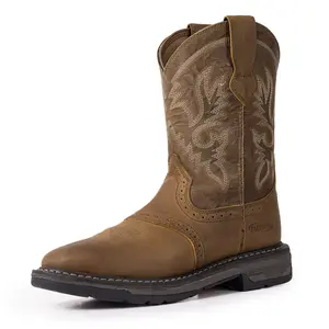 【Genuine Leather】Palitutu Men's Western Cowboy Boots Fashionable Embroidered Full-Grain Leather Square Toe Pull-On 4-Layer Composite Sole Slip-Resistant Work & Riding Boots PLT403605/PLT403606/PLT403607