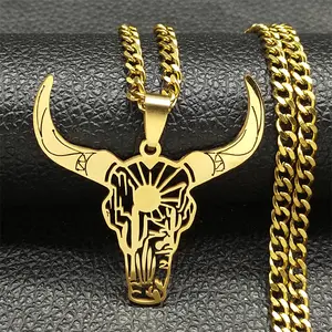 Bull head pendant necklace animal cowboy necklace women's men's stainless steel bullfighting jewelry