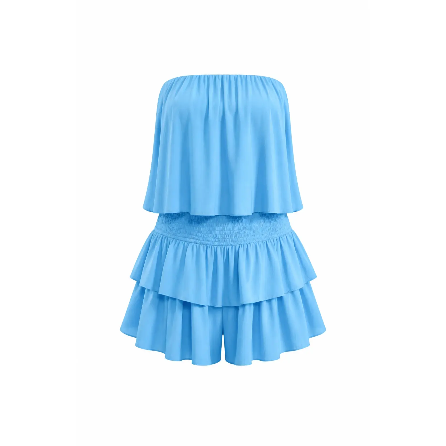 Blue Strapless Ruffle Romper