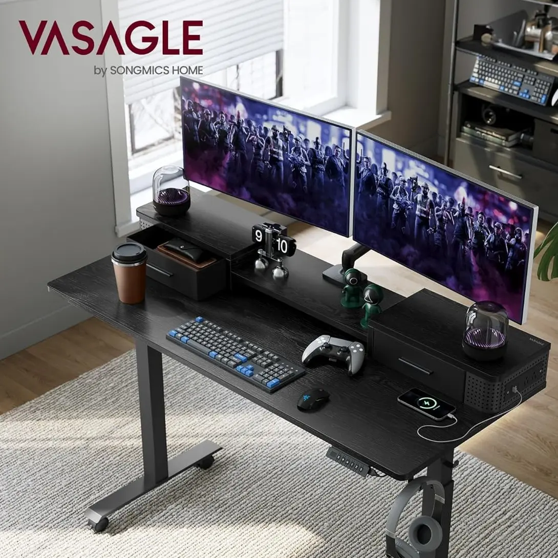 SONGMICS VASAGLE Electric Standing Computer Desk - Modern Electronic Particleboard Desk with Drawers, Wheels, Built-in Power Strip, Adjustable Height for Home Office WFH Setup, Modern Desk
