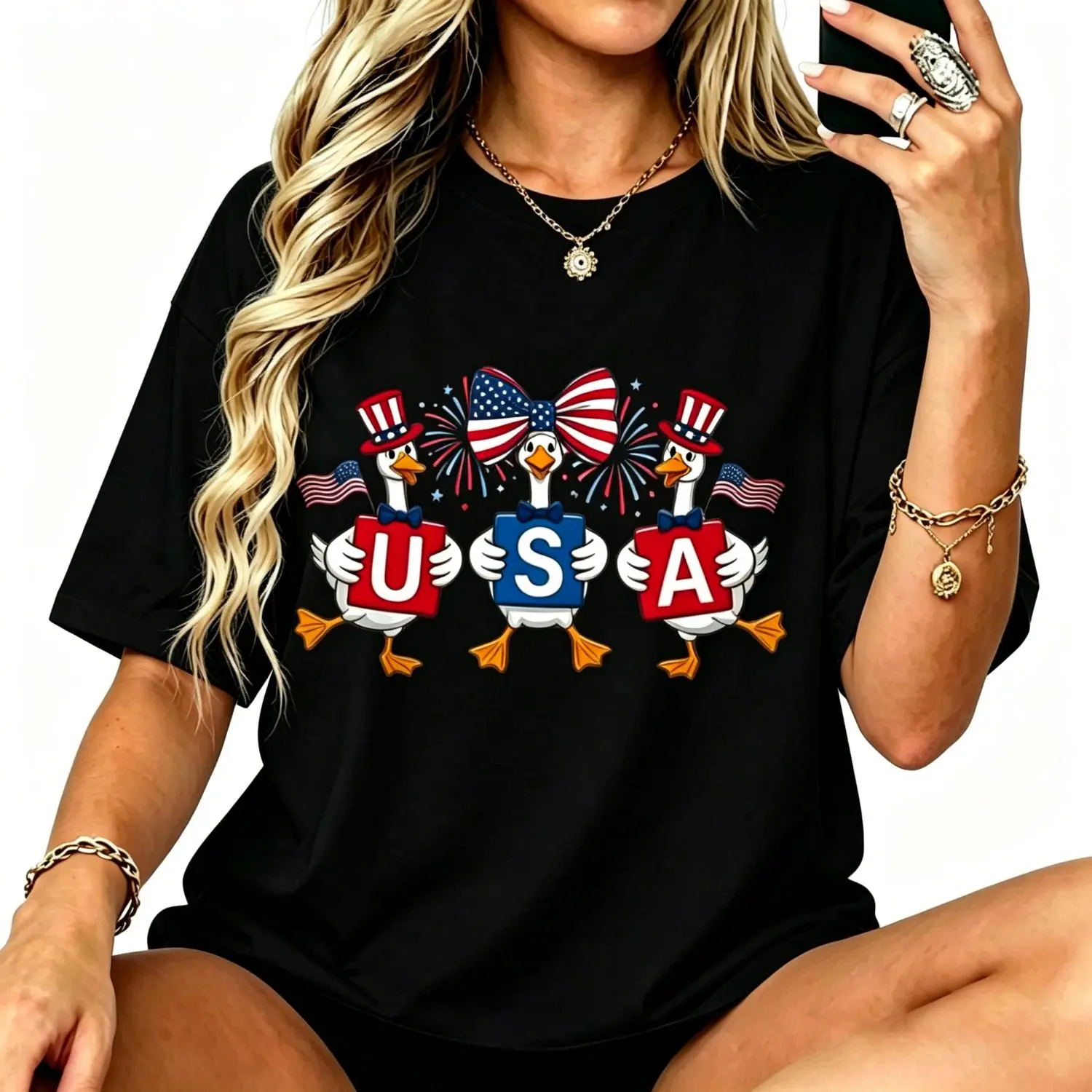 Humorous Patriotic Silly Goose 4th of July USA Cotton T-shirt Short Sleeve Casual Tee for Women Men