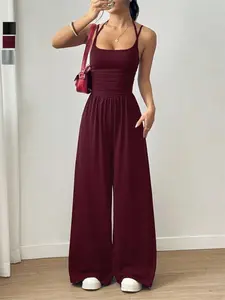 Women's Summer Loose Fit Backless Sleeveless High-Waisted Wide Leg Long Pants, Casual Daily Wear Comfortable Design, Perfect for Everyday