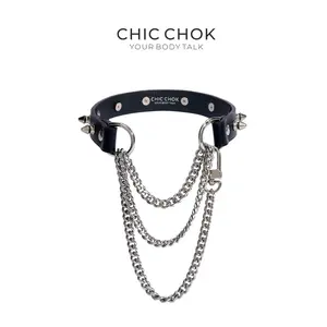 CHICCHOK Spiked Breathless Black Leather Choker Necklace with Spikes and Multi-Layered Pull Chain versatile wear Gothic Witch Jewelry necklace men's jewelry