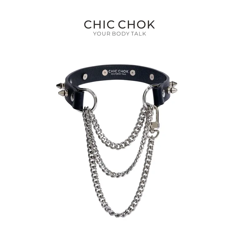 Unisex Reversible Adjustable Leather Choker Necklace - 14.5-17.3 Inches, Imported Durable Leather, Multi-Layered Chain, Gold/Silver Distinctive Spike Embellishments, Heart Accent, Elegant Daily Elegance Accessory, Gothic Punk Emo Costume Jewelry