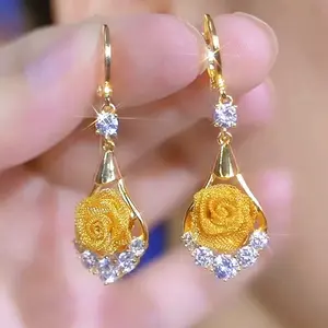 Rose Hoop Earrings 14K Gold Plated Chic Romantic Design with Crystal Accents, Elegant Fashion Jewelry Statement Earrings Luxurious Finish Long Tassel DZEH4265