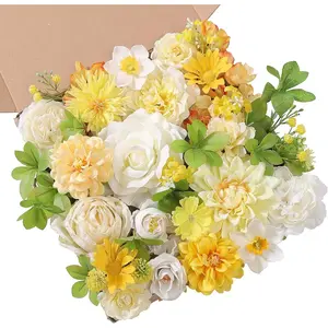 Artificial Flowers Combo Box Set White Yellow Roses Dahlia Fake Silk Flowers with Stems for DIY Wedding Bridal BouquetsFloral Arrangement Table Centerpieces Baby Shower Home Decorations