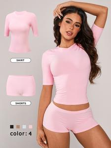 women's solid ribbed crop top & shorts loungewear, casual comfy round neck short sleeve tee & shorts pj set, ladies sleepwear for summer, pajama