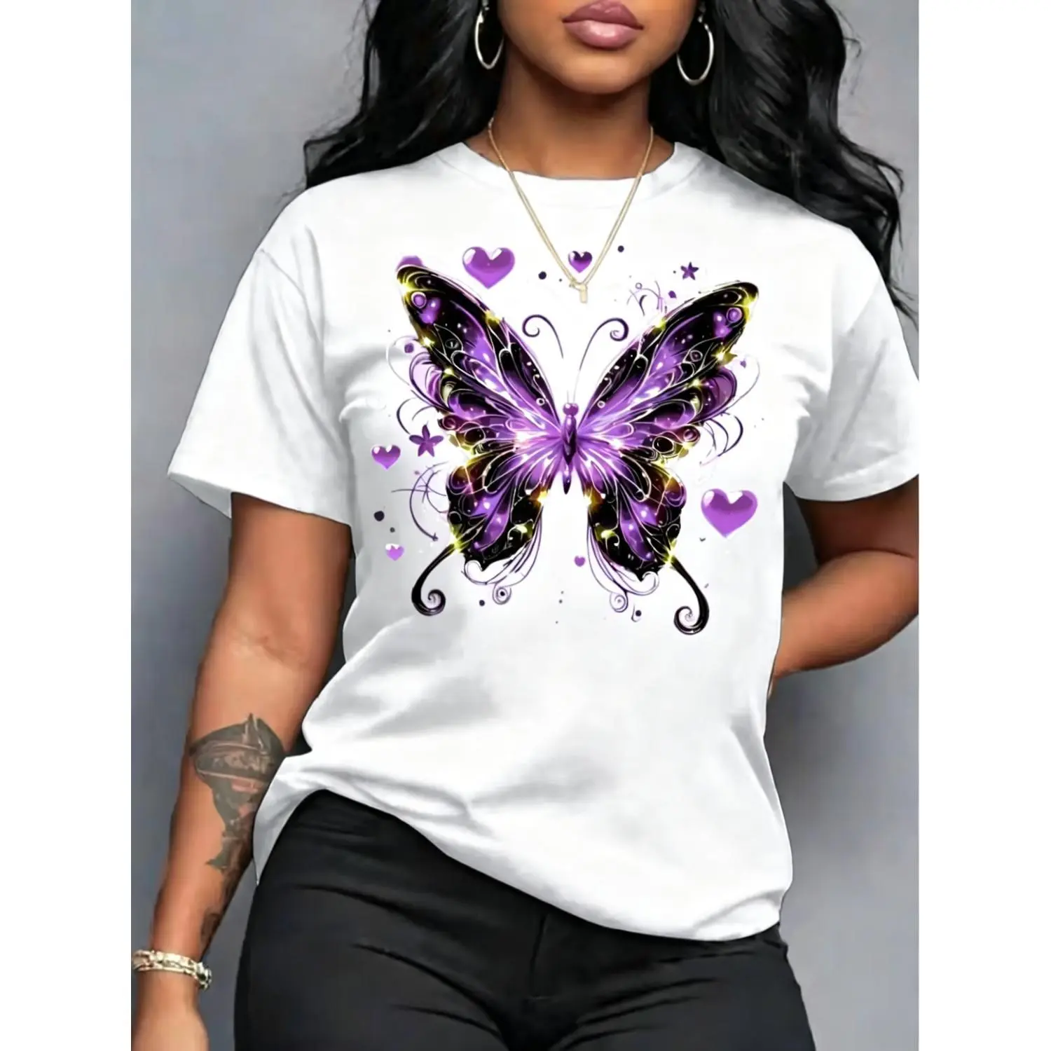 Glossy Butterfly Print Women's TShirt Lightweight Short Sleeve Round Neck Casual Top Ideal for Parties and Daily Wear Perfect For Mother's Day