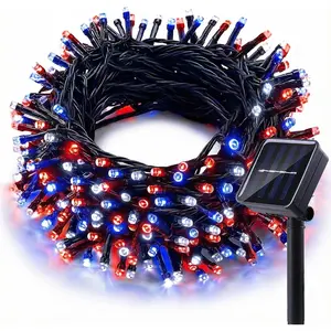 Solar Red White Blue String Lights 33FT 100LED Patriotic Light with 8 Modes Waterproof Solar Powered Outdoor Lights for 4th of July Memorial Day Independence Day Garden Patio Party Decor