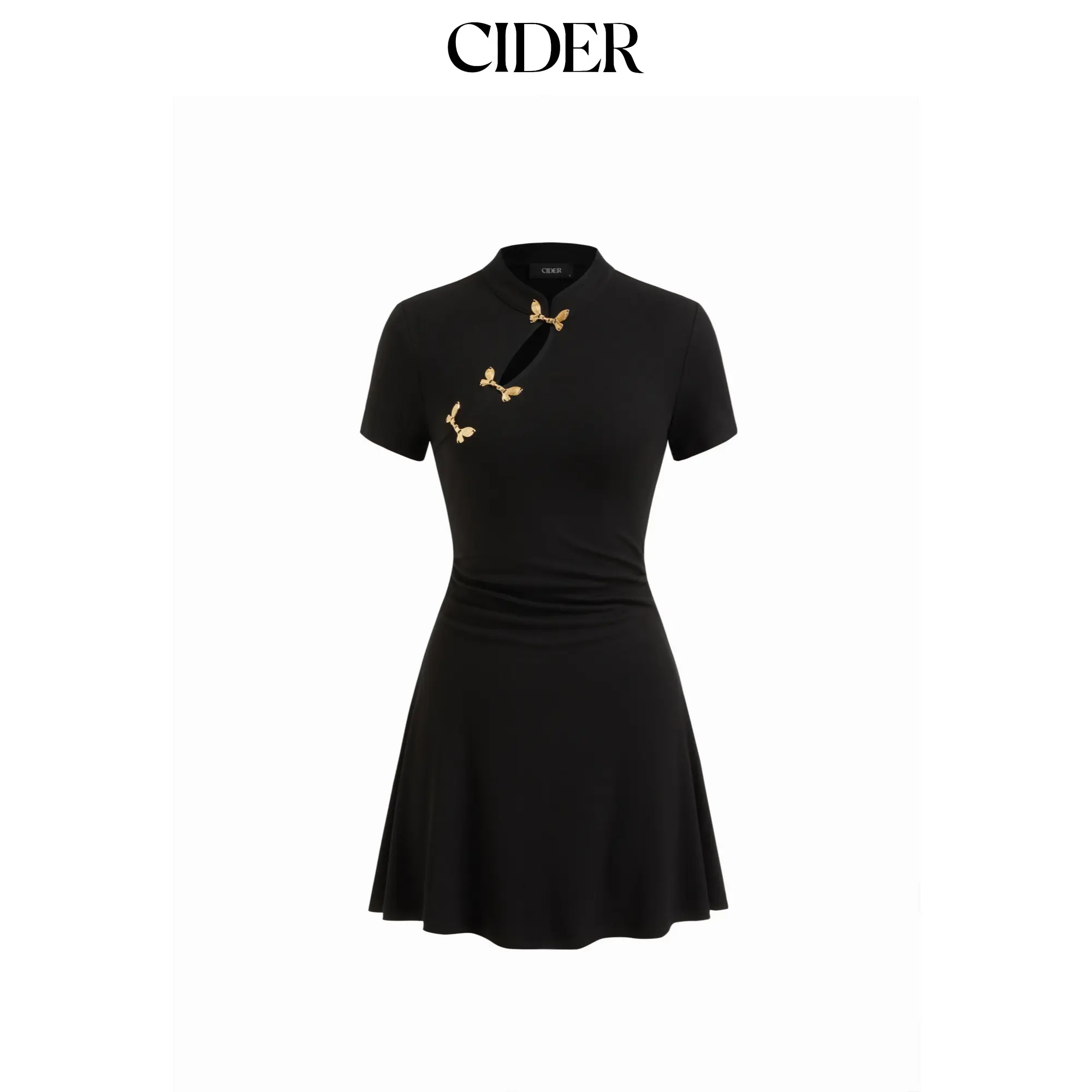 Cider Women's Mandarin Collar Bodycon Fitted Dress, Short Sleeve Knit Mini with Ruched Detail and Metal Cut Out, Fitted Cut